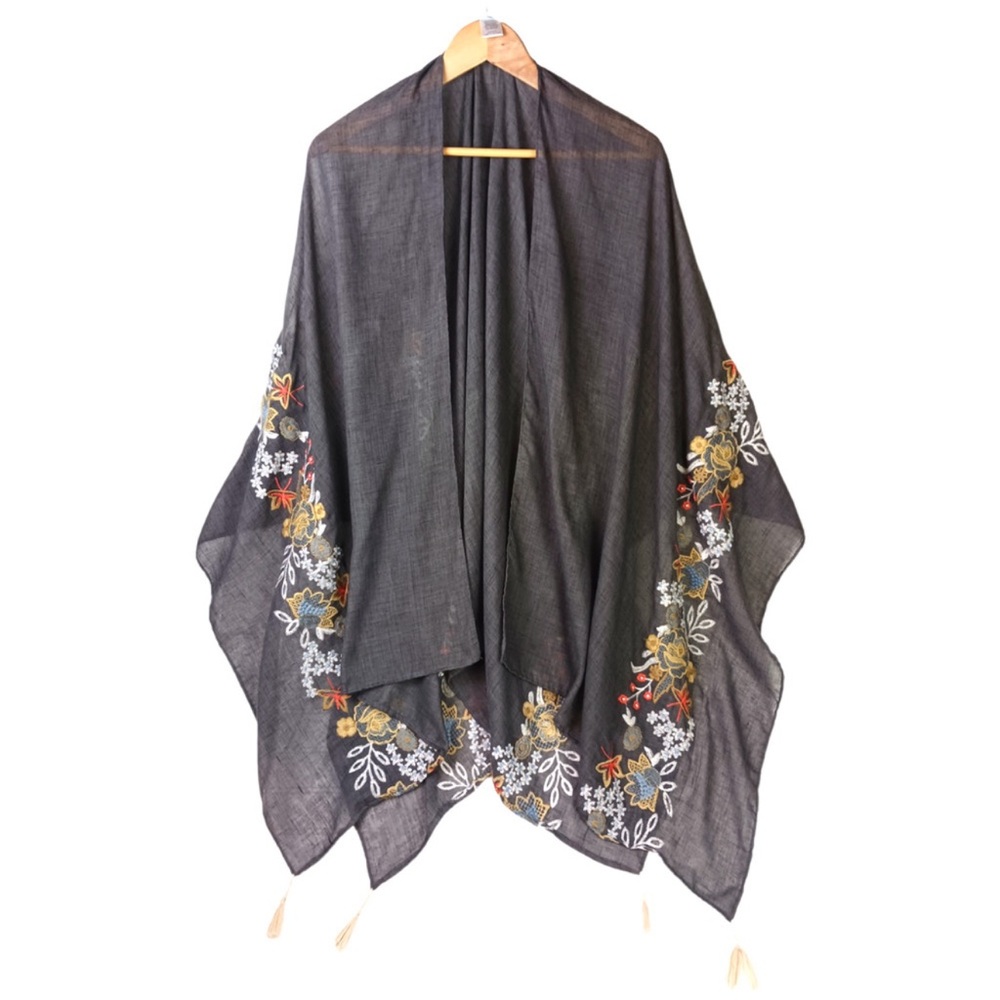 Envision Studio Fully Embroidered Flowers Scarf Kimono Wrap Gray OS